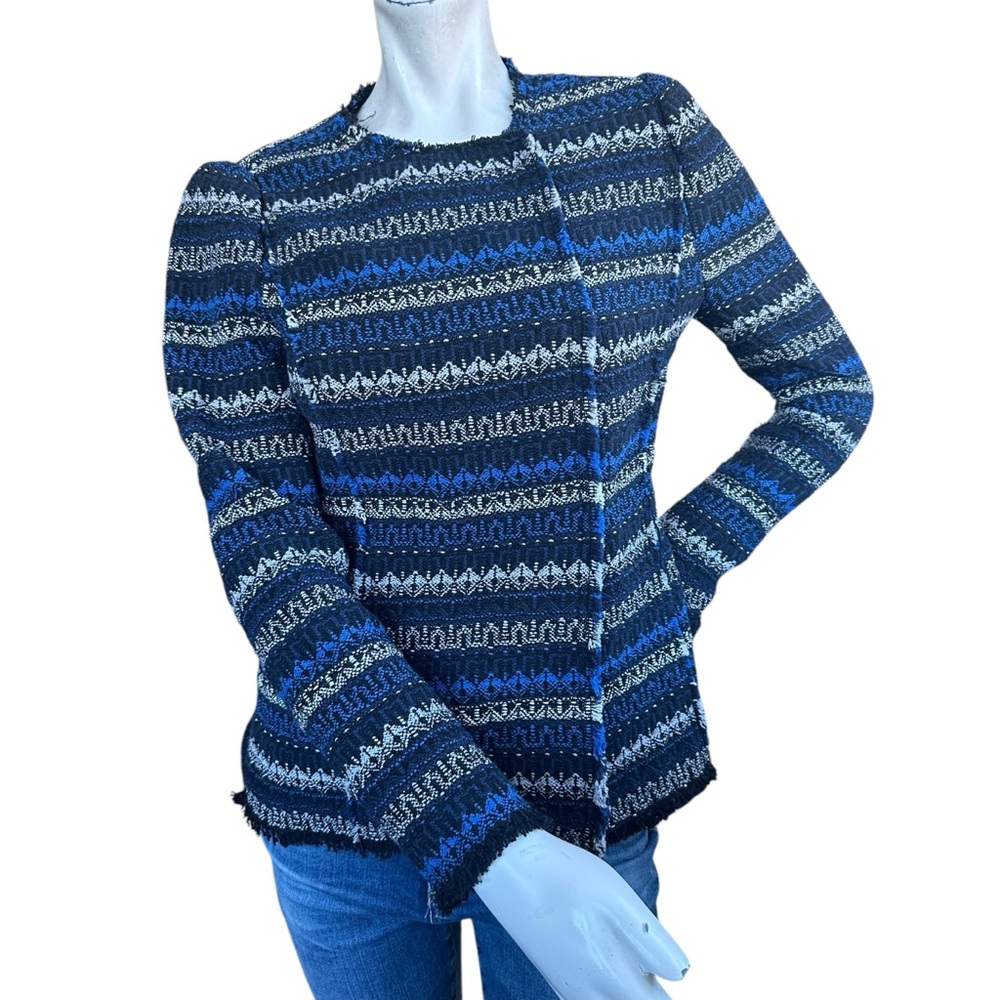 Rebecca Taylor Blue Black & White Variegated Tweed Fray Hem Jacket Size 0